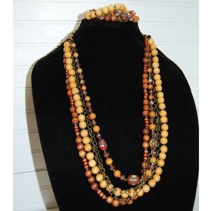 Vintage Jewelry set 5 strand necklace and bracelet Wooden beads Boho‎ Hippie